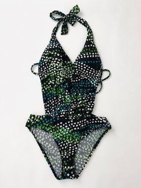 Kenneth Cole NY One-Piece Swimsuit Size M Black Geometric Side Cutout Halter